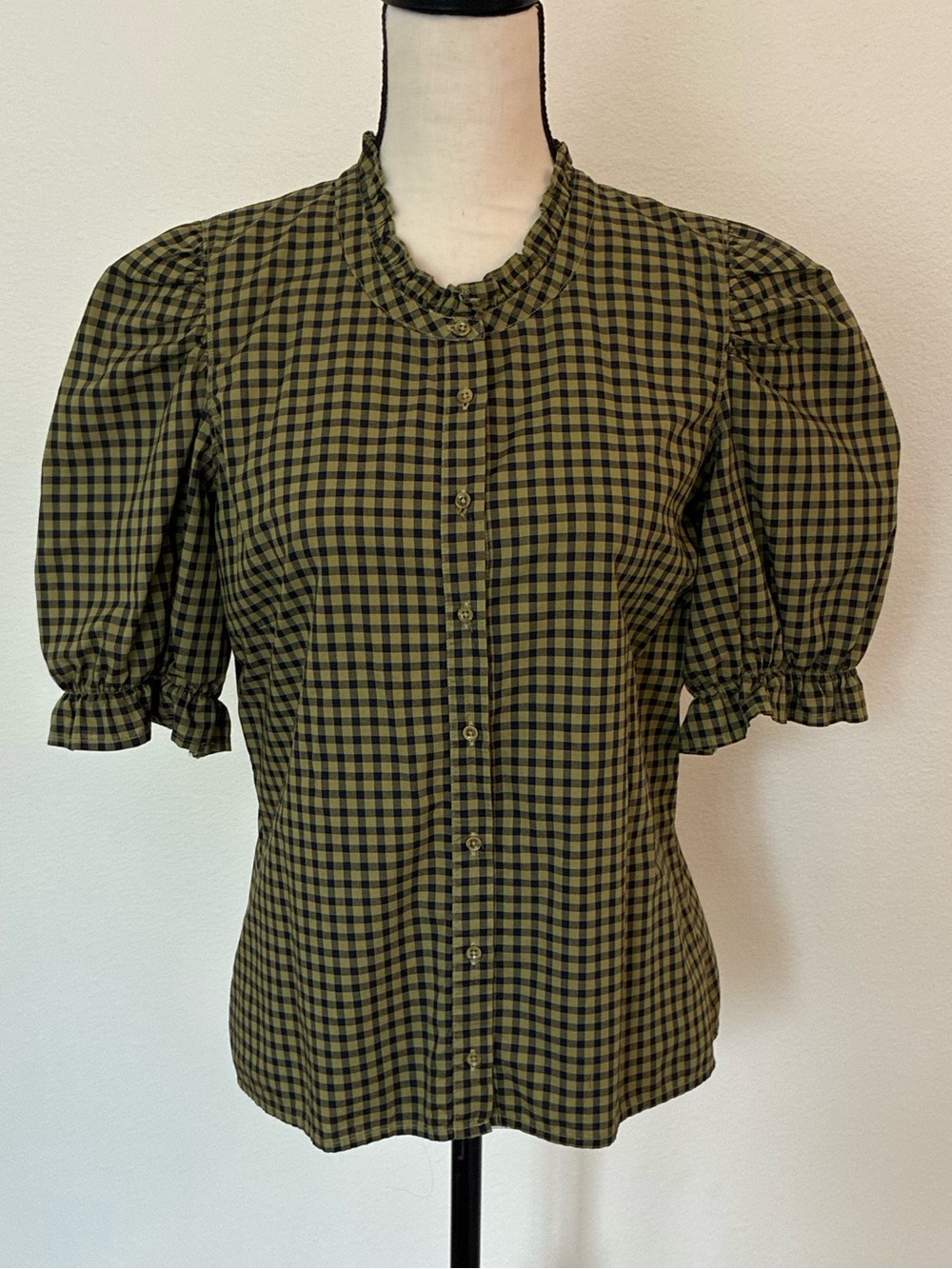 Nation LTD Buffalo Check Puff Sleeve Button Down Blouse